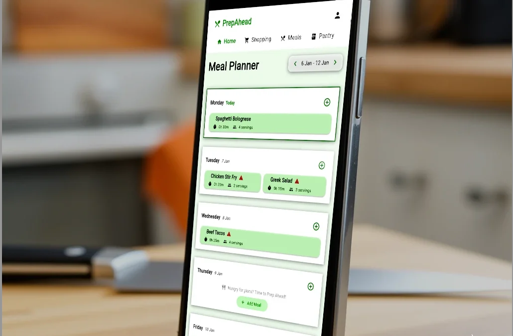 A smartphone displaying a meal planning app with a green and white interface showing multiple expandable sections