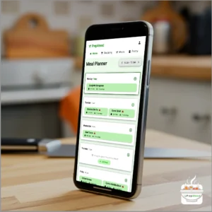 A smartphone displaying a meal planning app with a green and white interface showing multiple expandable sections