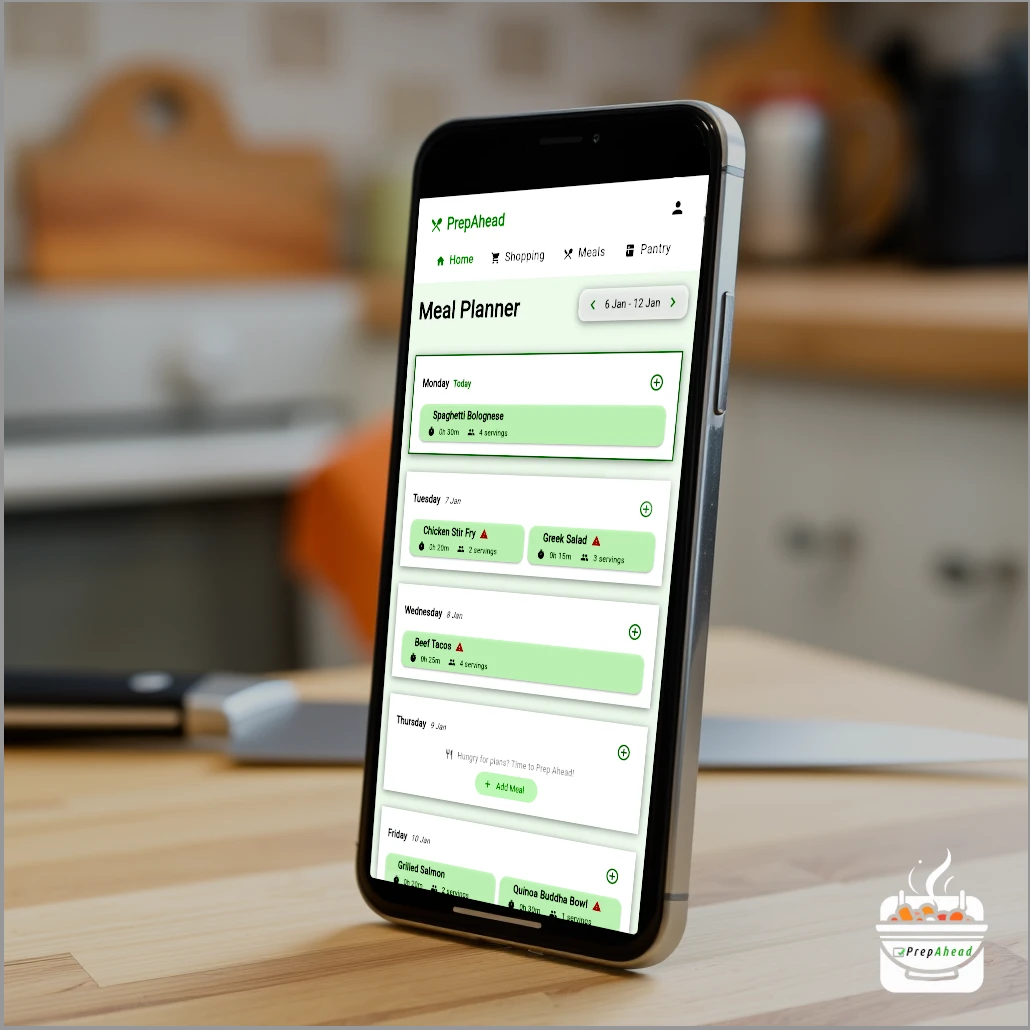 Modern Meal Planning App Interface A smartphone displaying a meal planning app with a green and white interface showing multiple expandable sections