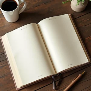 Open blank recipe journal on a wooden table with a cup of coffee and a pen nearby.