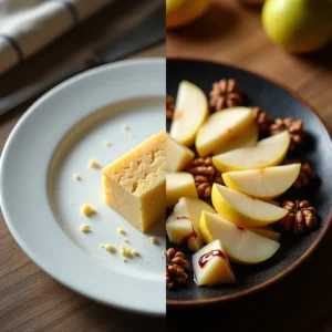 A split image showing a block of Parmigiano Reggiano cheese on a white plate and a platter of sliced apples, walnuts, and cheese cubes with balsamic glaze.